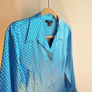 Alfani Blue and White 100% Silk Button Down Blouse, NWT Perfect Condition